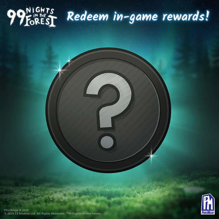 99 Nights In The Forest - Redeem in-game rewards coin with a question mark on a dark background.