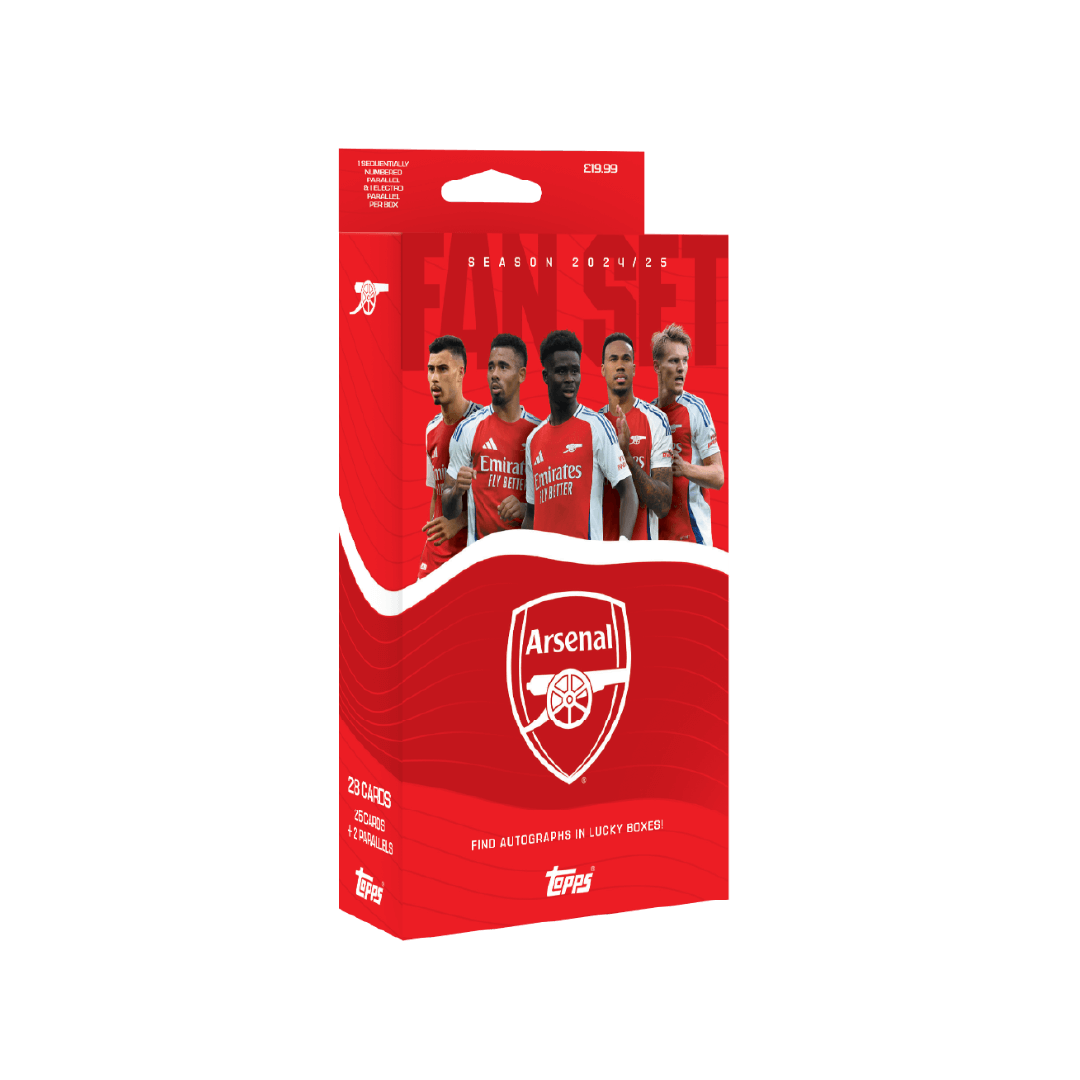 Arsenal FC 2024/25 Fan Set with players, featuring 28 star cards and the iconic Arsenal logo.
