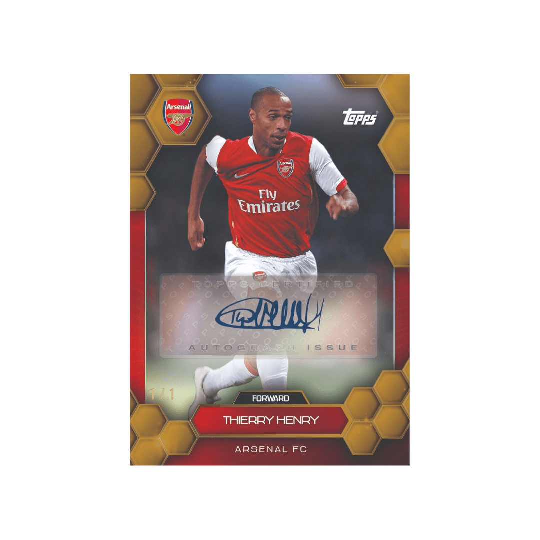 Thierry Henry Arsenal FC 2024/25 Fan Set card with autograph, featuring iconic forward in classic red kit.