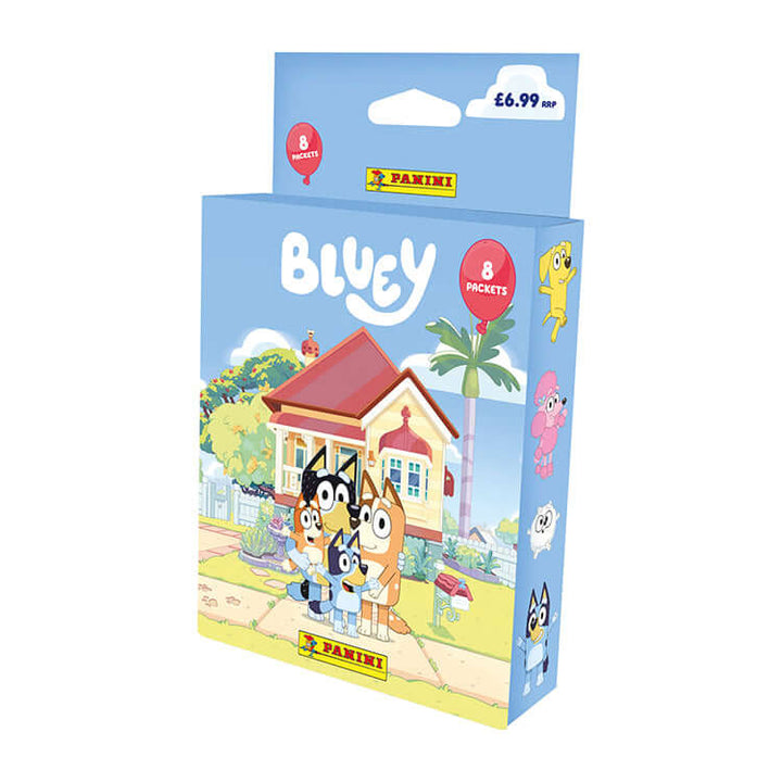 Bluey Sticker Collection box featuring playful cartoon characters in front of a colorful house, by Panini.