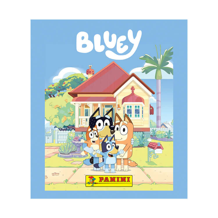 Bluey Sticker Collection by Panini featuring Bluey characters in front of a colorful house.