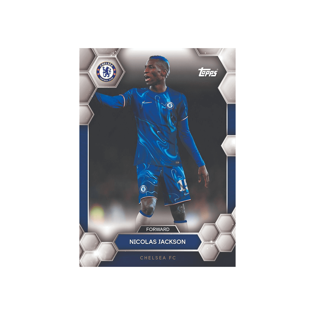 Topps Chelsea FC 2024/25 Fan Set card featuring Nicolas Jackson, a forward celebrating in team colors.