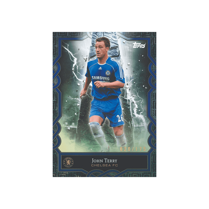 Topps Chelsea FC card featuring John Terry, showcasing his iconic blue kit in action.