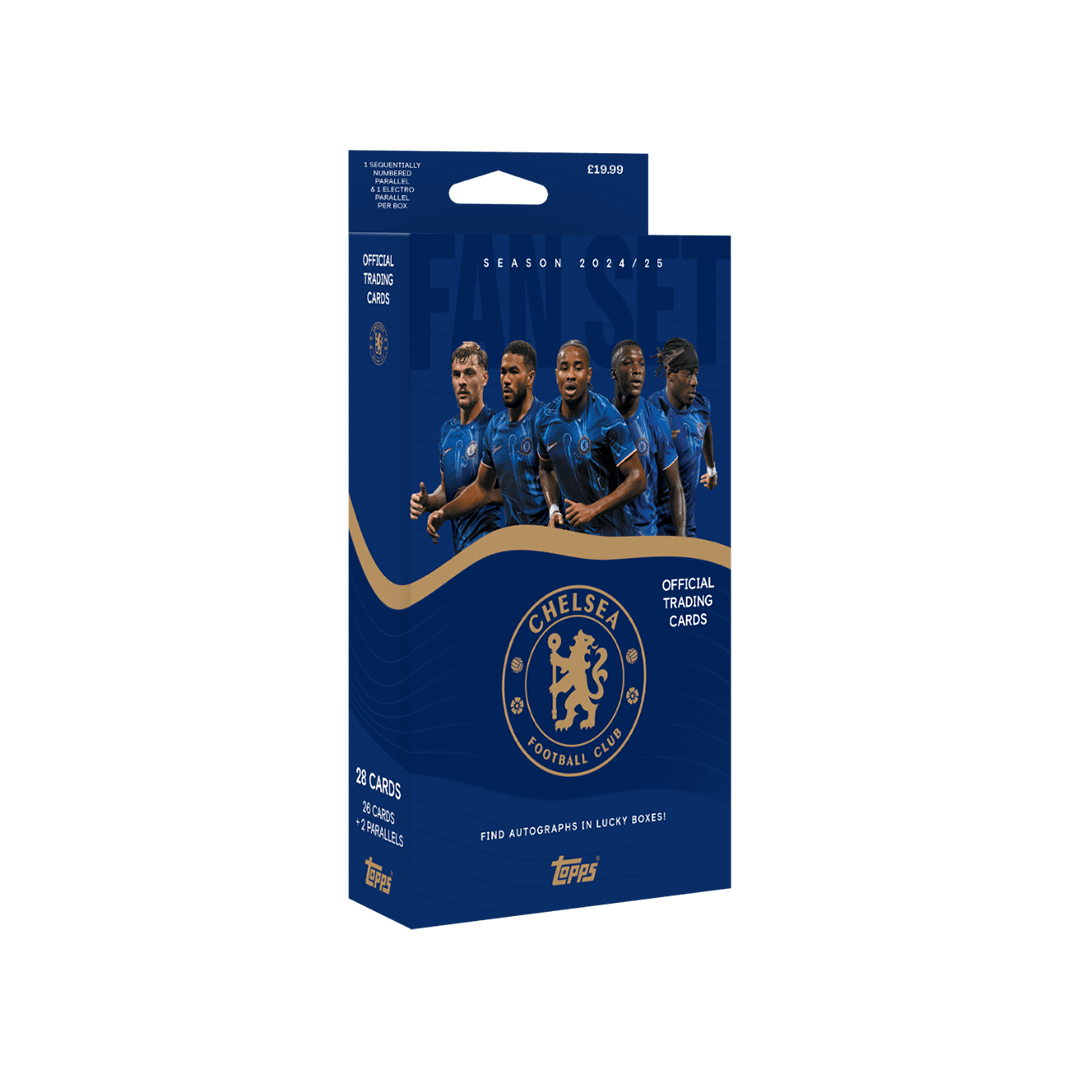 Topps Chelsea 2024/25 Fan Set featuring 28 official trading cards and club legends packaging.