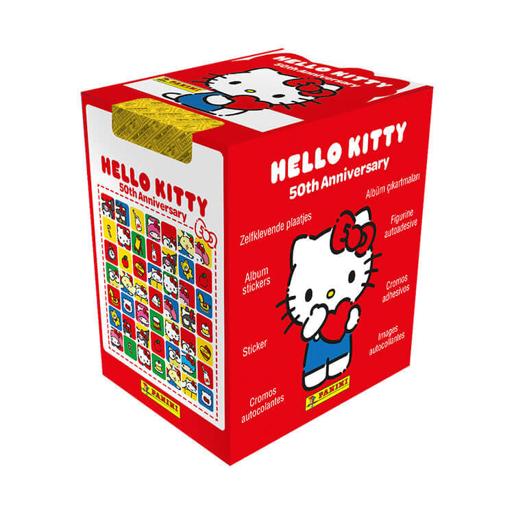 Hello Kitty 50th Anniversary Sticker Collection Box by Panini with colorful design and character illustration.