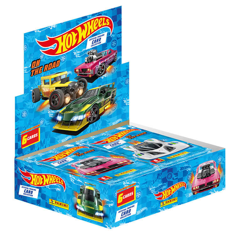 Hot Wheels On The Road Trading Card Collection box with colorful cards and cars, perfect for fans and collectors.
