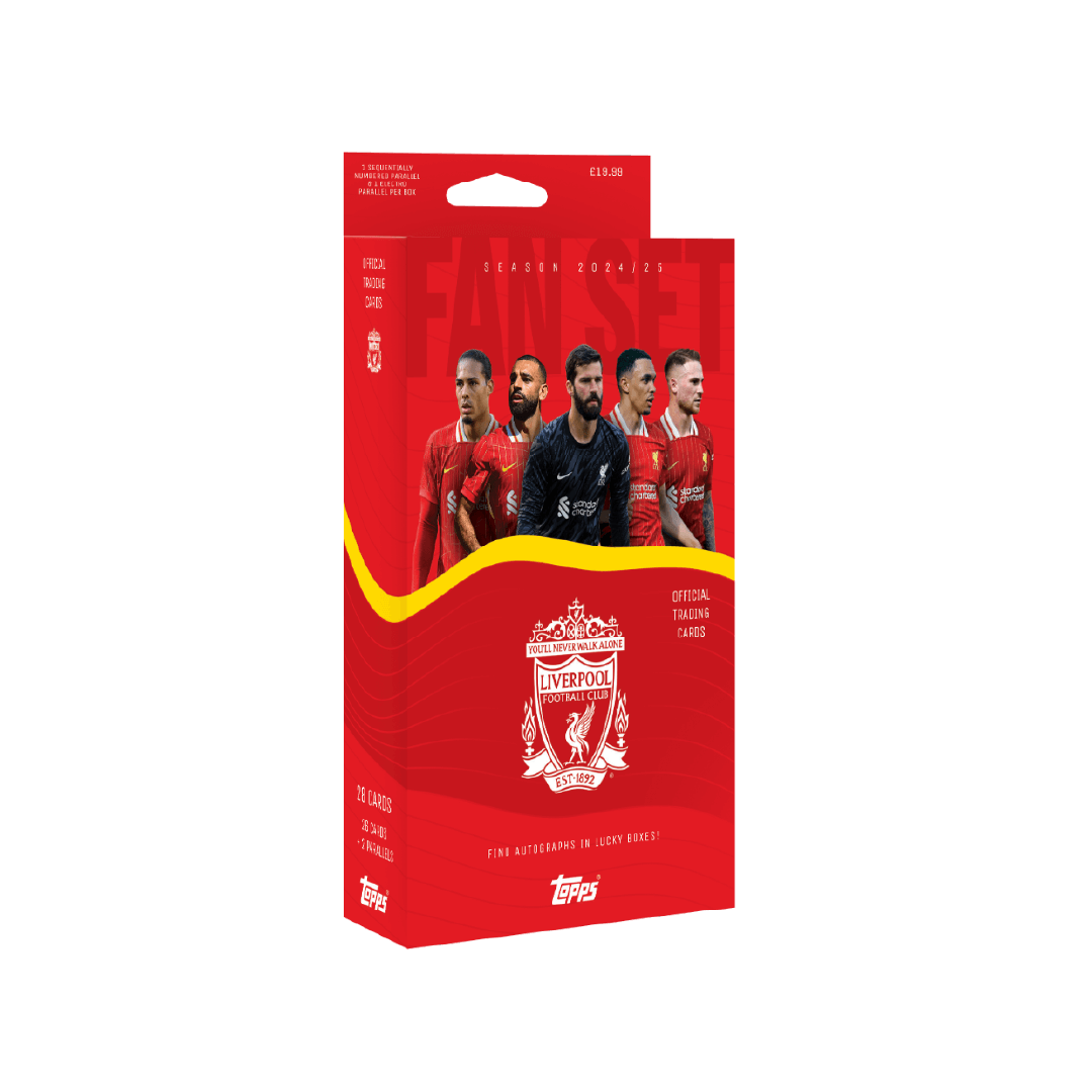Liverpool FC 2024/25 Fan Set by Topps featuring iconic players and official trading cards in vibrant packaging.