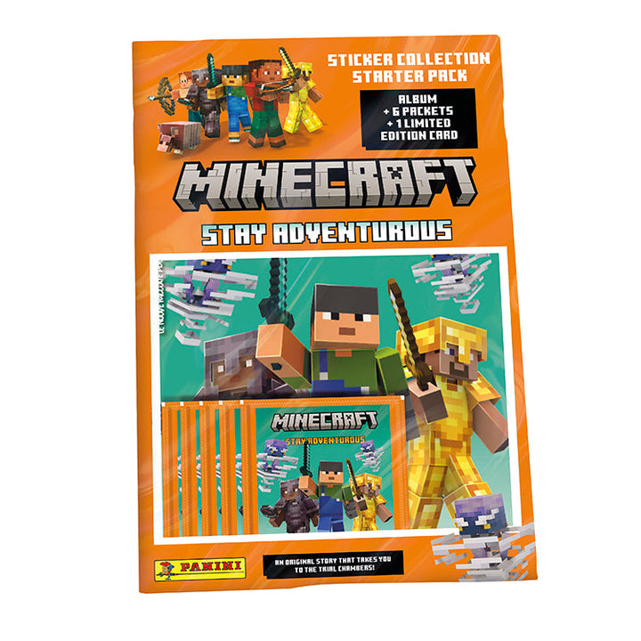 Minecraft Stay Adventurous sticker collection starter pack featuring album, cards, and characters.