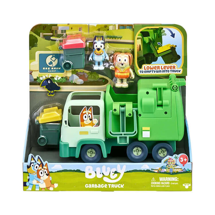 Bluey Series 6 Garbage Truck Playset with figures and bins in packaging.