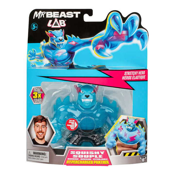 Mr Beast Lab Goo Jit Zu Hypercharged Panther stretchy toy in packaging with blue panther design, for kids aged 5 and up.