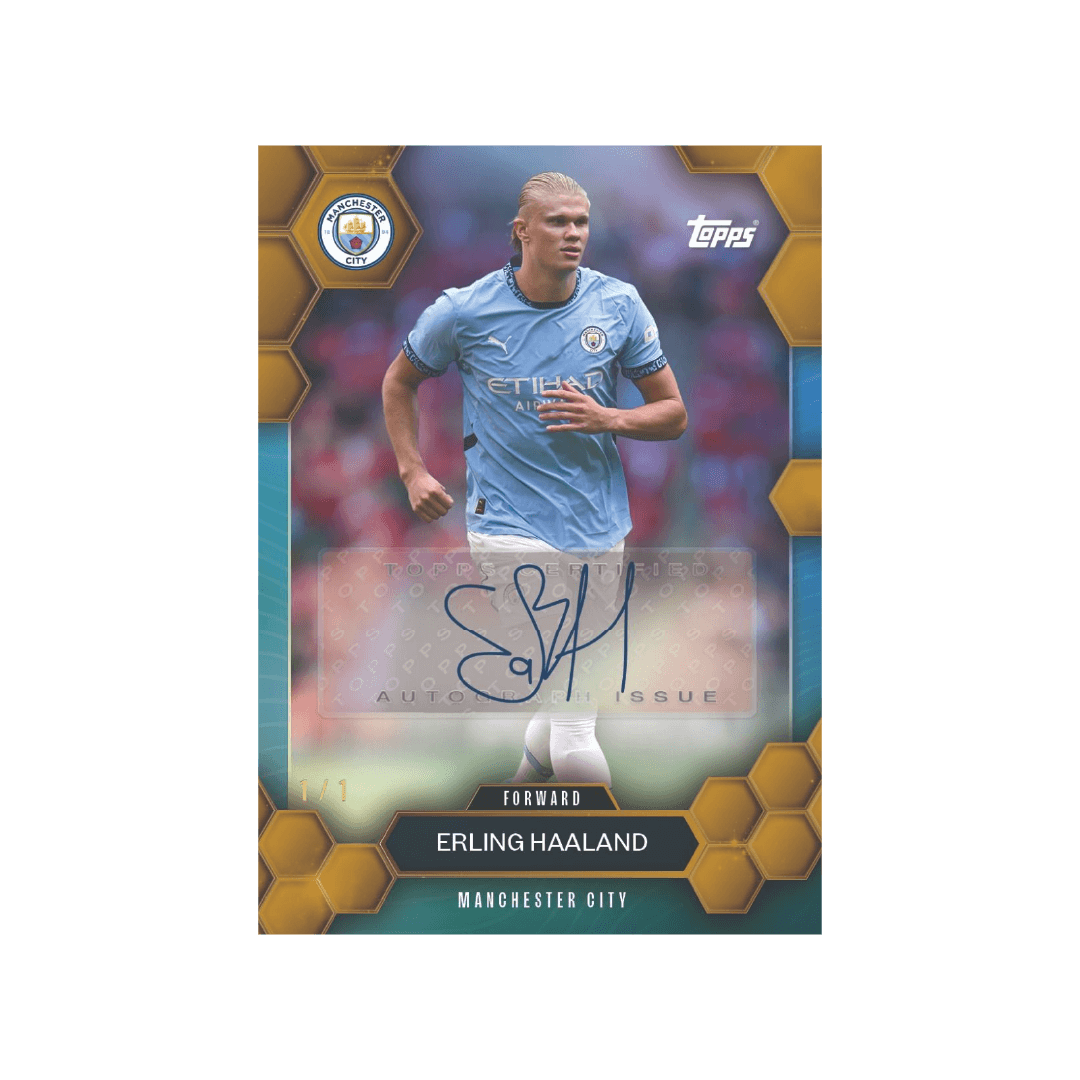 Erling Haaland Topps Manchester City 2024/25 autographed card, featuring exclusive design and collectible appeal.