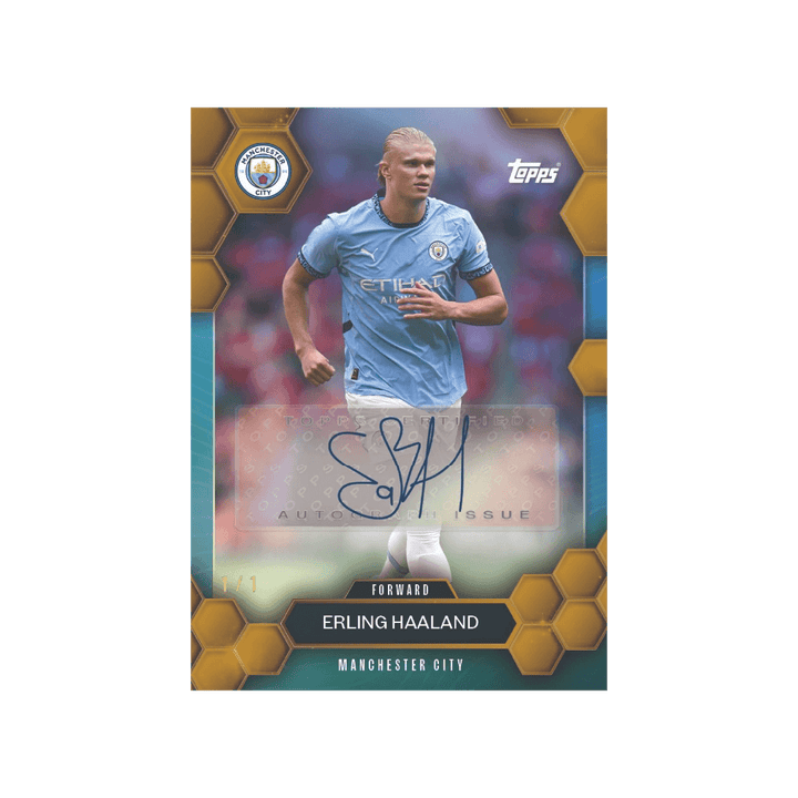 Erling Haaland Topps Manchester City 2024/25 autographed card, featuring exclusive design and collectible appeal.