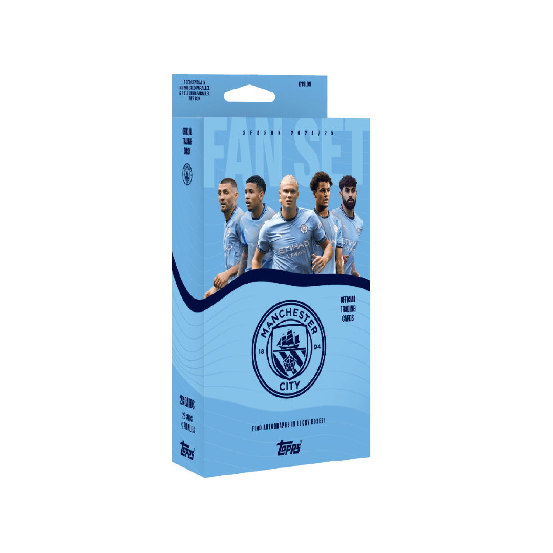 Topps Manchester City FC 2024/25 Fan Set packaging featuring star players and club logo.