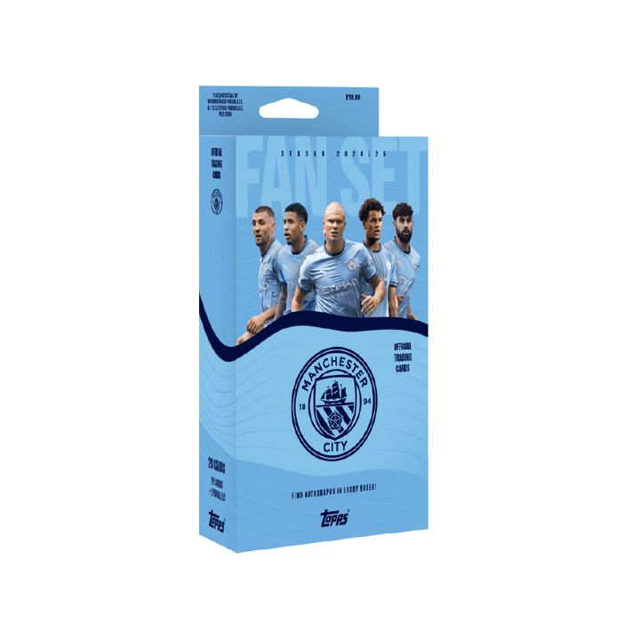 Topps Manchester City FC 2024/25 Fan Set packaging featuring star players and club logo.