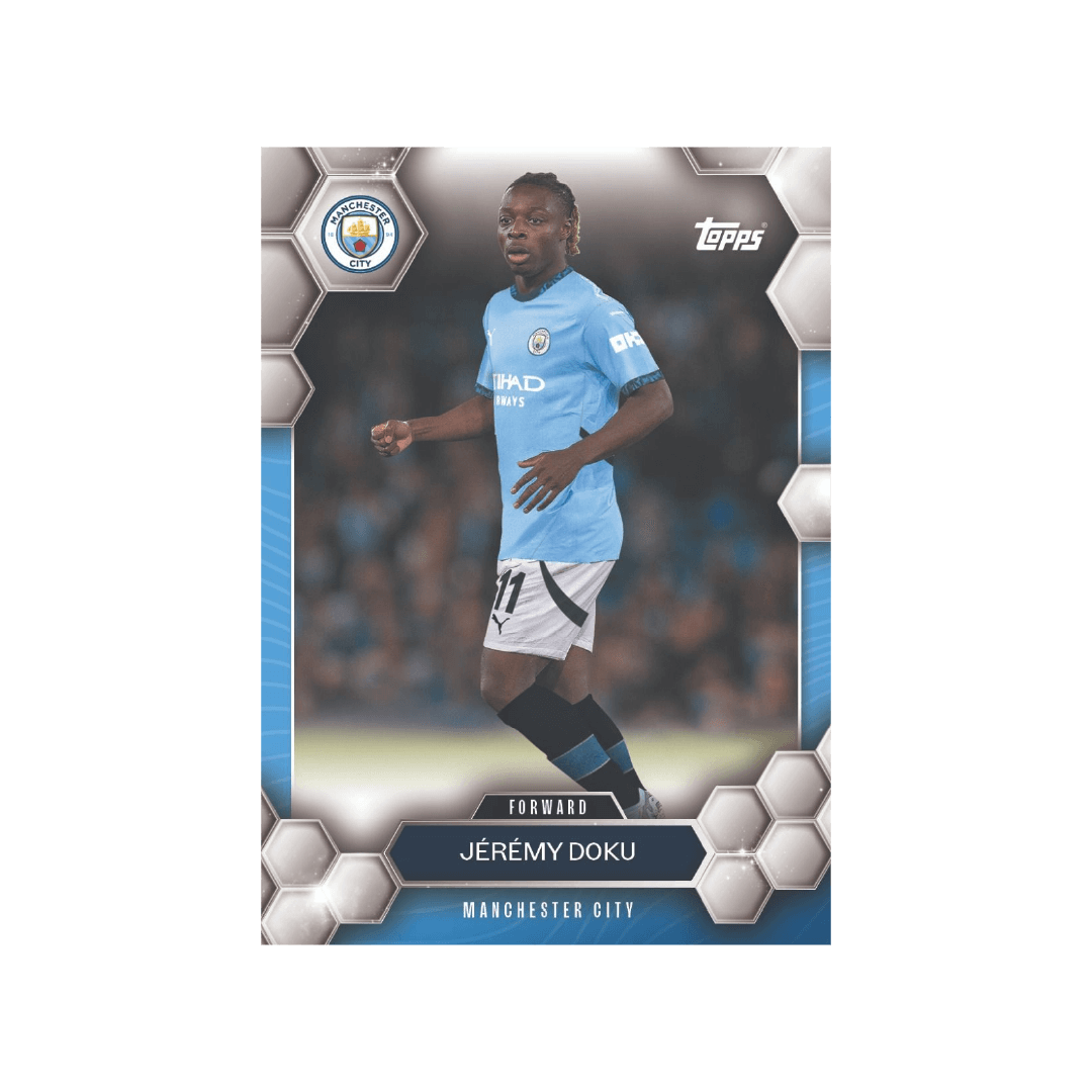 Jérémy Doku Manchester City FC trading card, showcasing the forward in action for the 2024/25 season.