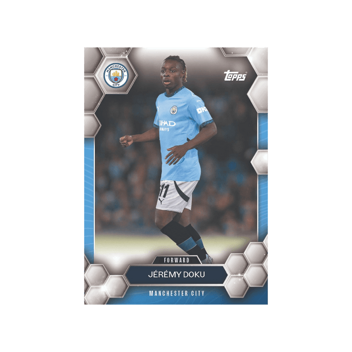 Jérémy Doku Manchester City FC trading card, showcasing the forward in action for the 2024/25 season.