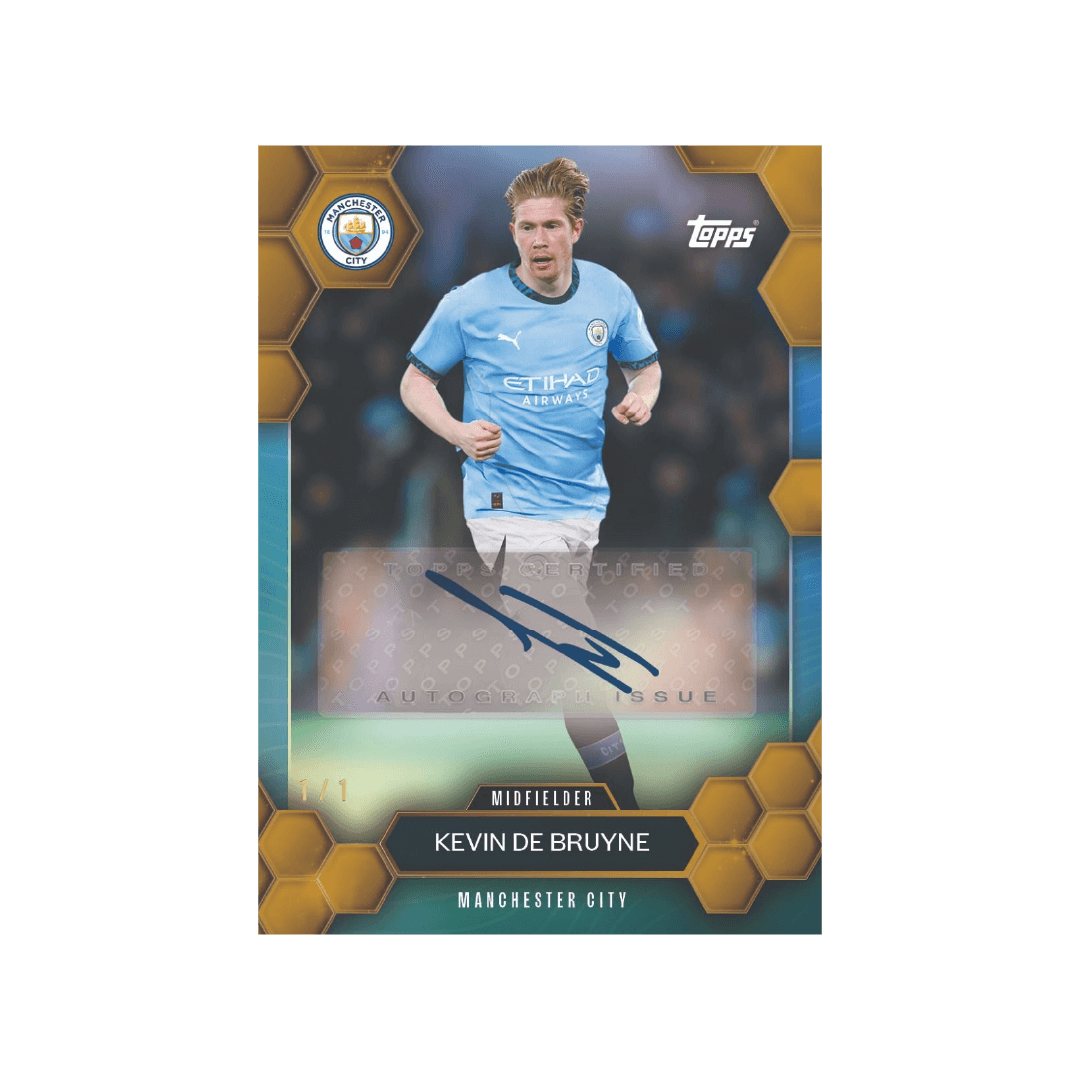 Kevin De Bruyne Manchester City FC 1/1 autographed trading card by Topps, showcasing the midfielder in action.