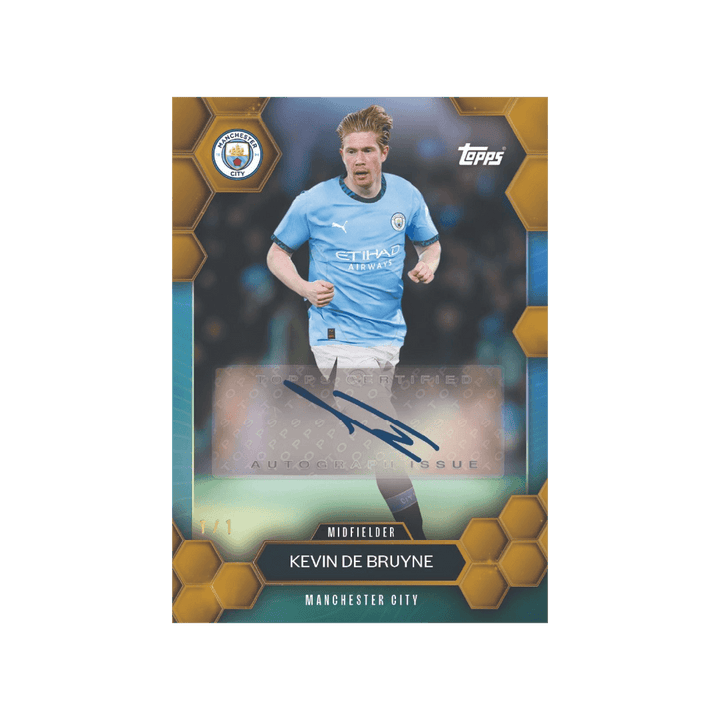 Kevin De Bruyne Manchester City FC 1/1 autographed trading card by Topps, showcasing the midfielder in action.