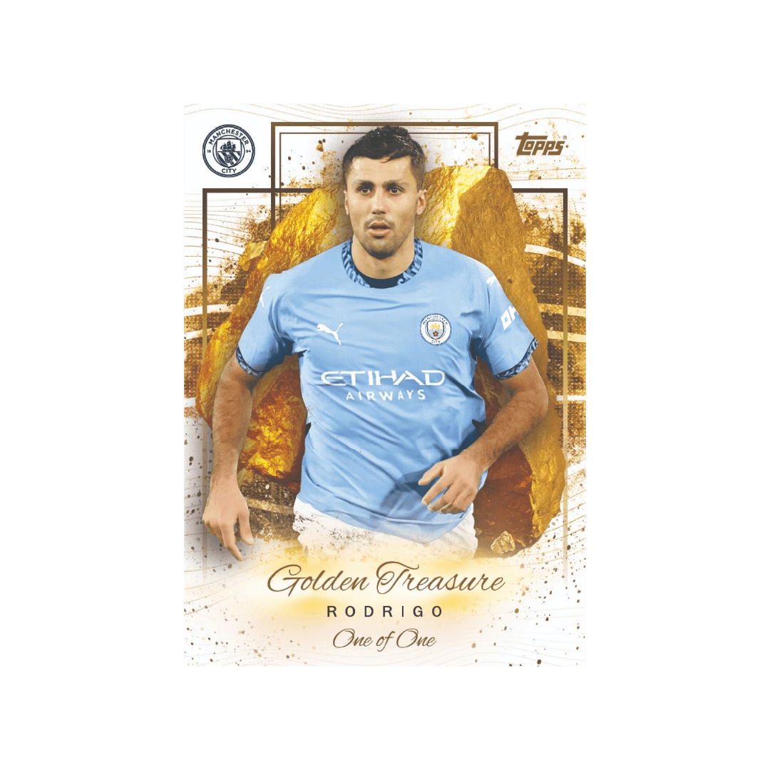 Topps Golden Treasure card featuring Manchester City player Rodrigo, labeled 'One of One' for 2024/25 season.