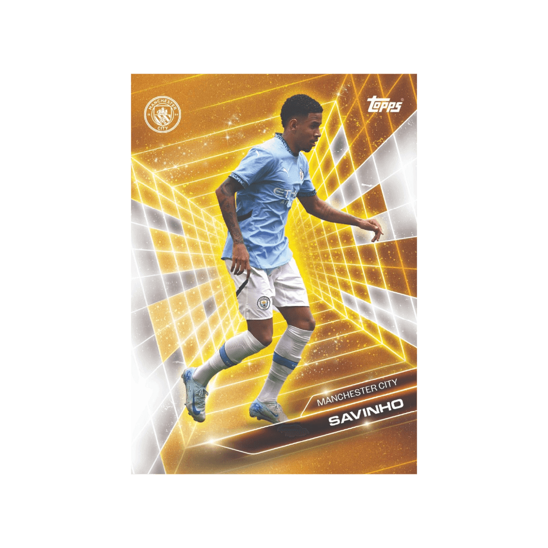 Topps Manchester City FC Savinho trading card from the 2024/25 Fan Set featuring a dynamic action pose.