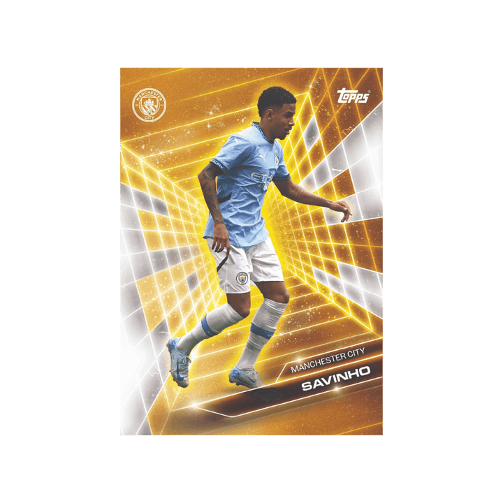 Topps Manchester City FC Savinho trading card from the 2024/25 Fan Set featuring a dynamic action pose.