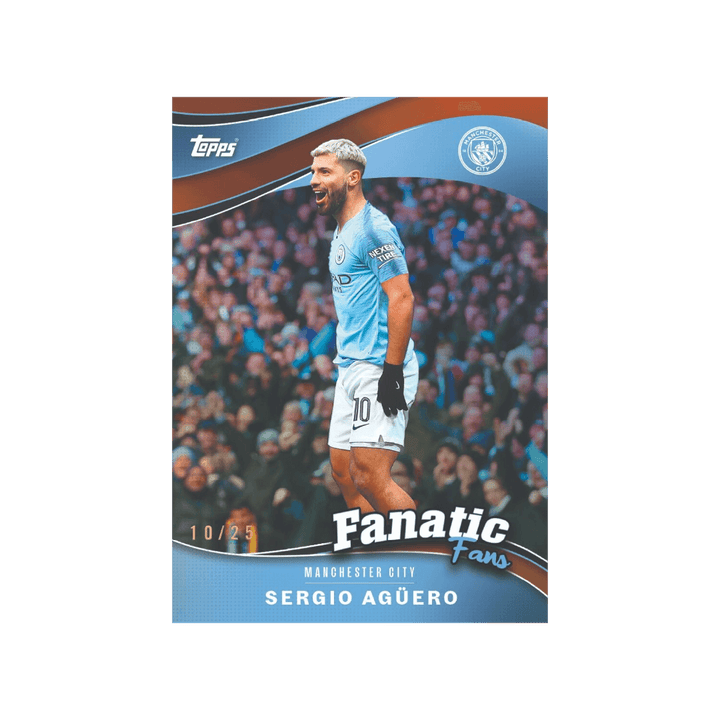 Topps Manchester City FC Fanatic Fans card featuring Sergio Agüero, 10/25, celebrating in blue jersey.