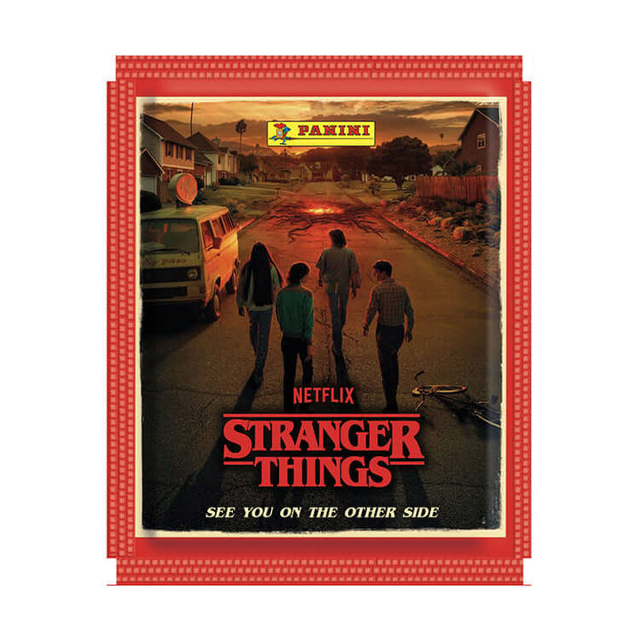 Stranger Things 2 Sticker Collection pack featuring Panini logo and characters walking towards Hawkins Lab at dusk.