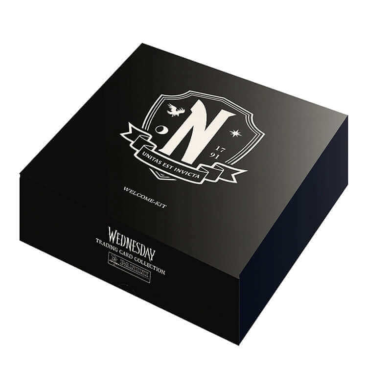 Wednesday Nevermore Academy Welcome Kit box with academy crest and trading card collection logo.