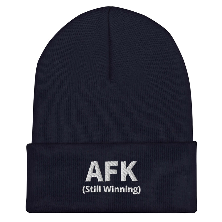 AFK Cuffed Beanie in navy with stylish 'AFK (Still Winning)' embroidery, perfect unisex winter accessory.