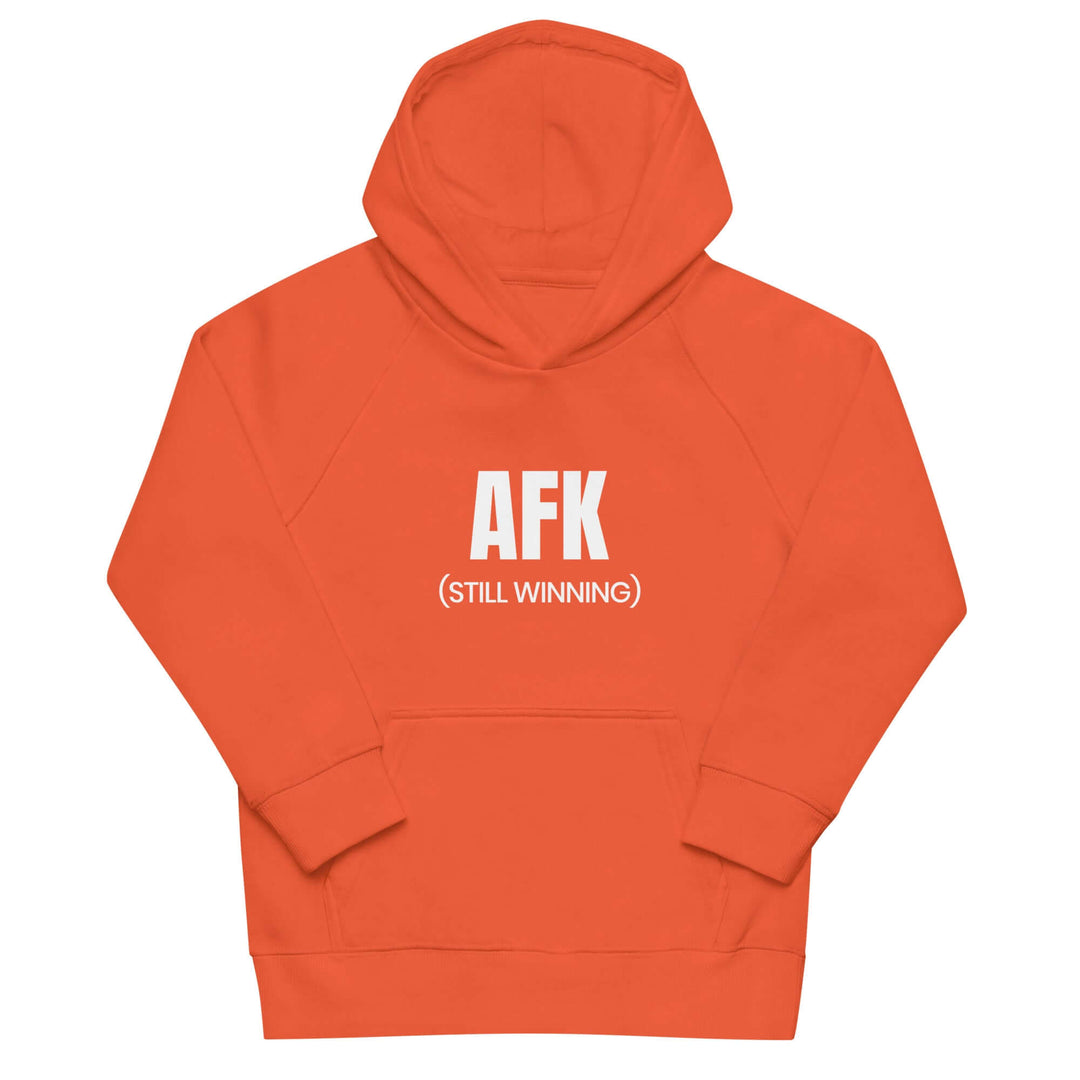 AFK Kids eco friendly hoodie in vibrant orange color with white text saying &