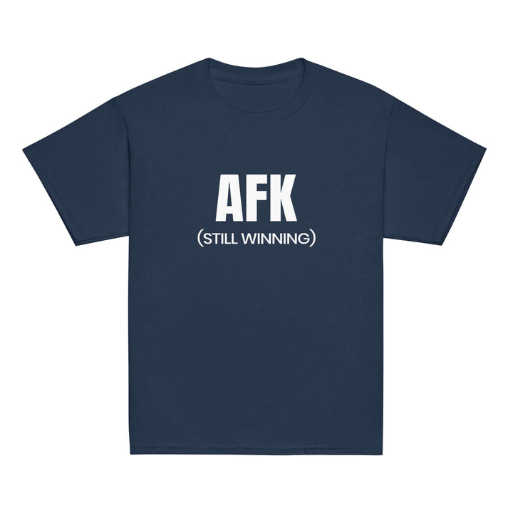 AFK Youth classic tee in navy featuring text AFK (STILL WINNING), perfect for stylish kids.
