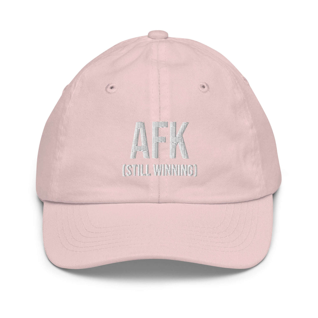 AFK Youth baseball cap in pink color featuring embroidered text "AFK (STILL WINNING)" for stylish comfort.