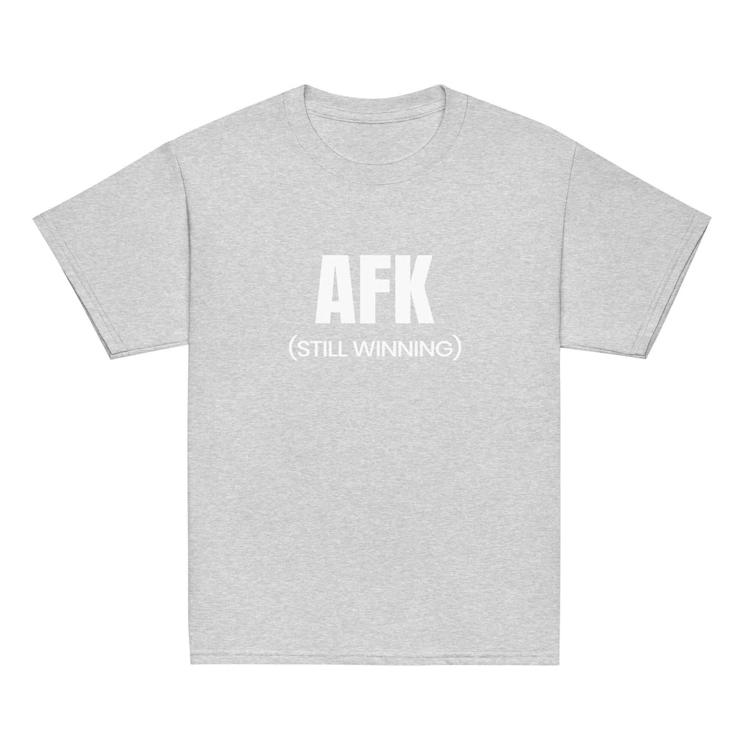 AFK Youth classic tee in Sport Grey with bold AFK (STILL WINNING) text, ideal for adventurous kids.