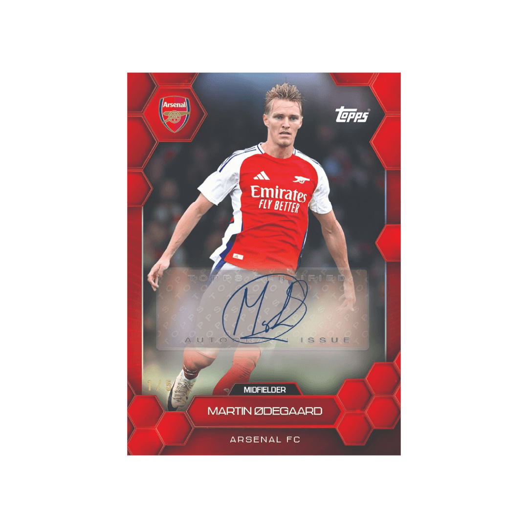 Arsenal FC 2024/25 fan set card featuring Martin Ødegaard, midfielder, with autograph and team colors.