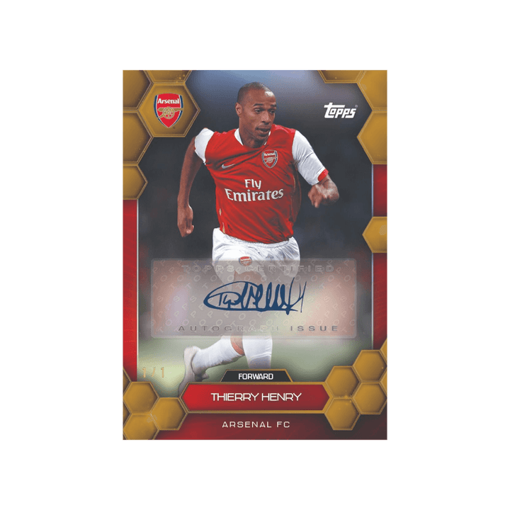 Thierry Henry Arsenal FC 2024/25 Fan Set card with autograph, featuring iconic forward in classic red kit.