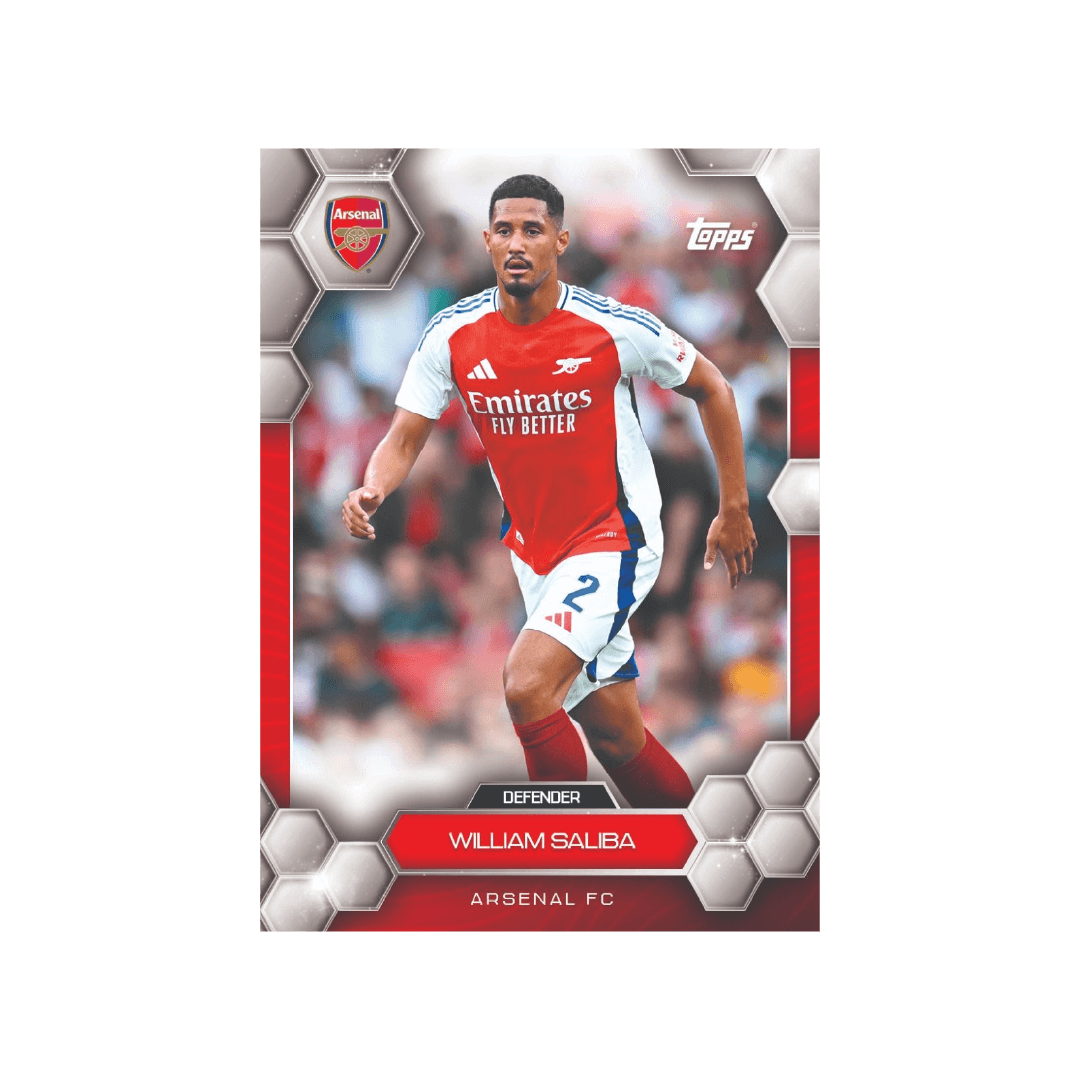 William Saliba Arsenal FC 2024/25 trading card featuring the defender in action.