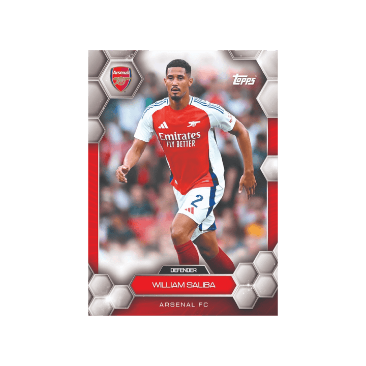 William Saliba Arsenal FC 2024/25 trading card featuring the defender in action.