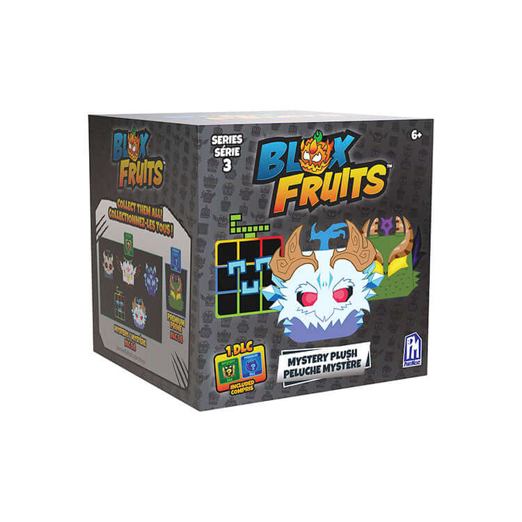 Blox Fruits 8" Collectable Plush Series 3 surprise box featuring colorful character designs and DLC code.