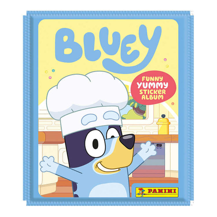 Bluey Funny Yummy Sticker Collection album featuring Bluey the dog in a chef hat.