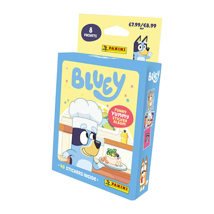 Bluey Funny Yummy Sticker Collection pack showcasing 8 packets and 40 stickers inside, perfect for kids' creative play.