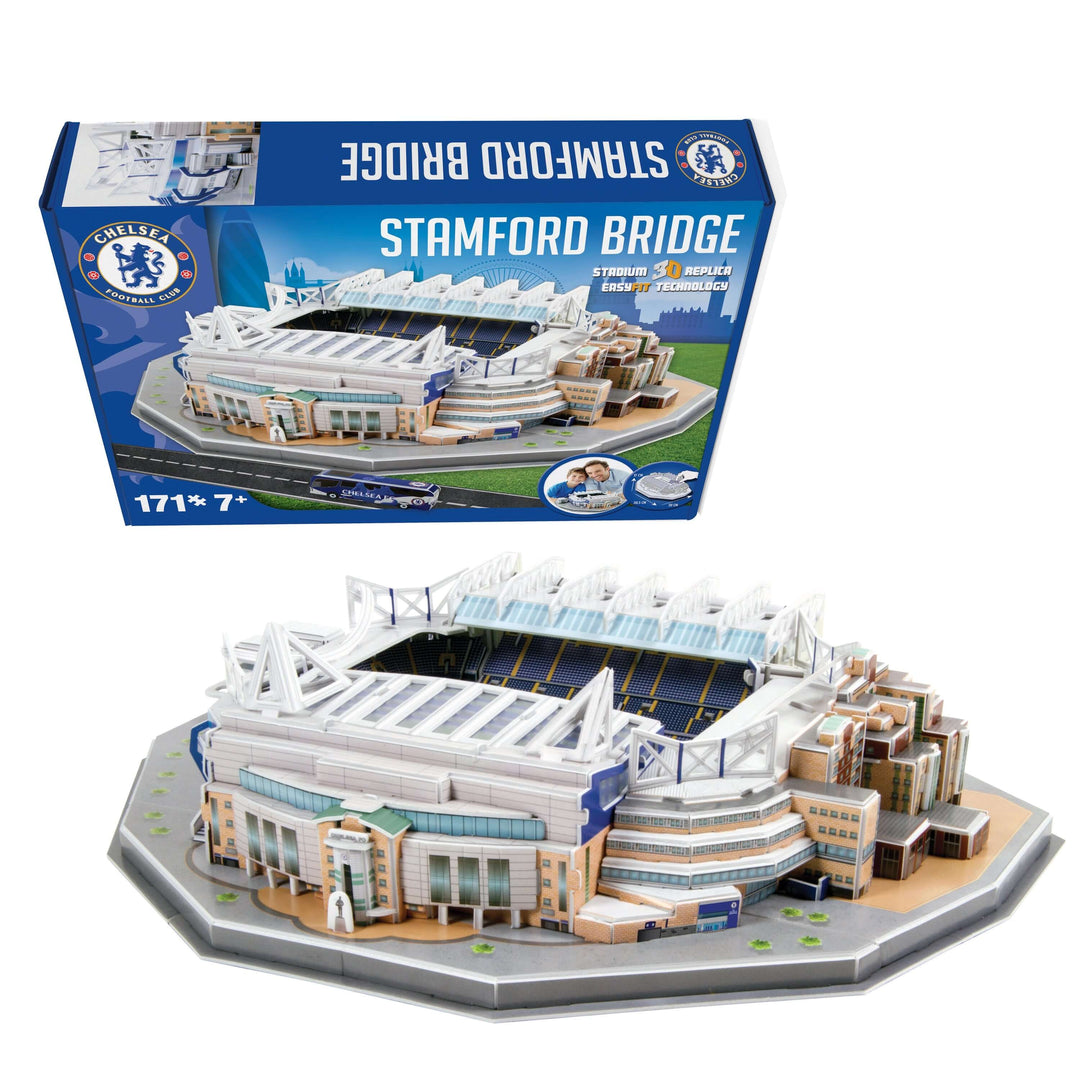 Chelsea Stamford Bridge Stadium 3D Puzzle displayed with packaging, perfect gift for Chelsea fans.