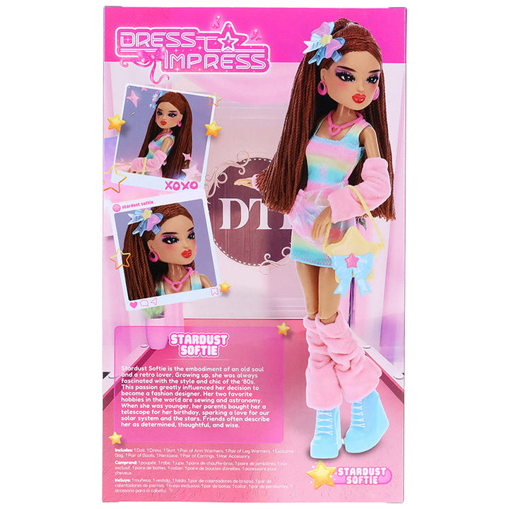 Dress To Impress Series 1 Fashion Doll Stardust Softie showcasing her shimmering rainbow dress and glam accessories.