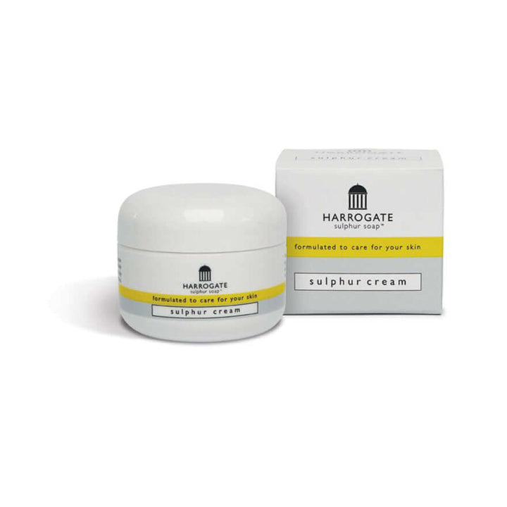 Harrogate spa skincare collection sulphur cream jar and box for skin care routine.