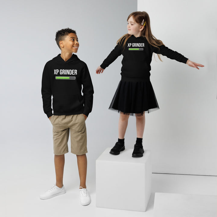 Two kids wearing XP Grinder eco-friendly kids hoodie, one boy and one girl, showcasing stylish and comfortable design.