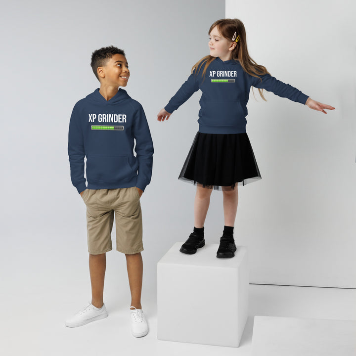 Two children wearing XP Grinder eco-friendly kids hoodie, showcasing stylish design and comfort for kids.
