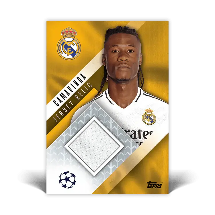 Real Madrid Camavinga jersey relic card featuring Champions League design and gold accents.