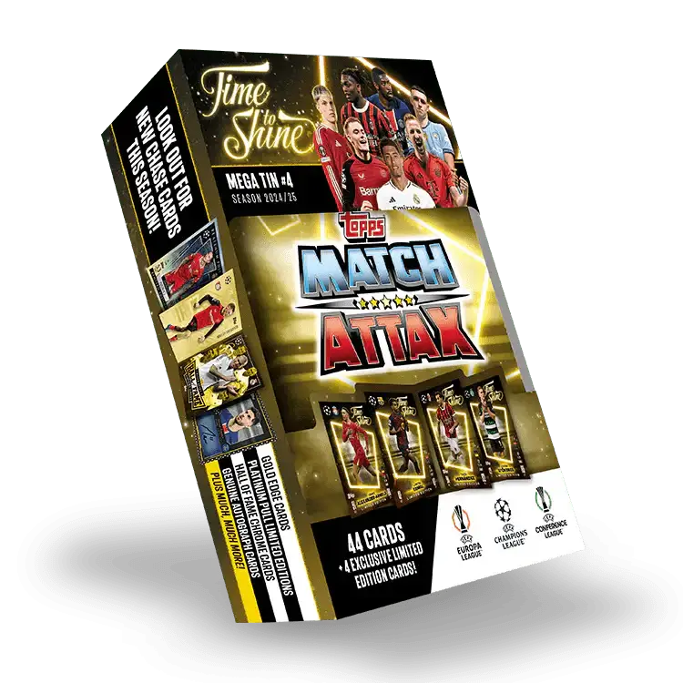 Match Attax 24/25 Mega Tin 'Time To Shine', featuring 44 cards and exclusive limited editions from top UEFA leagues.