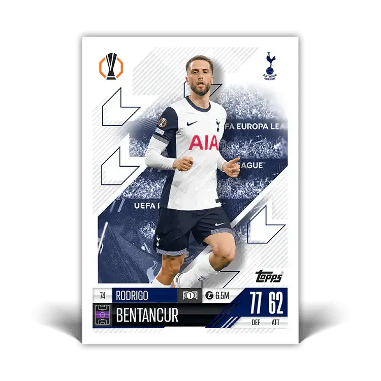 Rodrigo Bentancur Match Attax card showcasing UEFA Europa League action and player stats for Tottenham Hotspur.