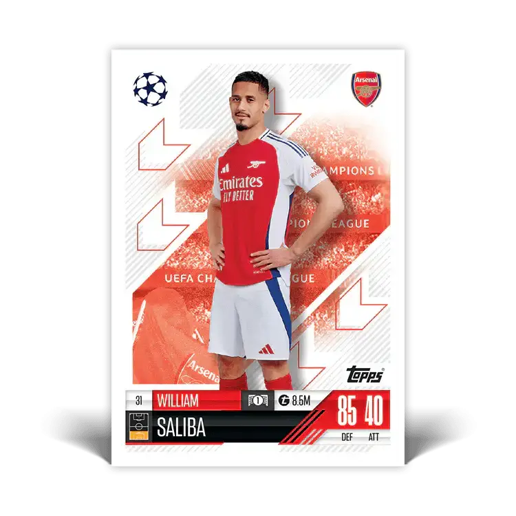 Match Attax card of William Saliba, Arsenal defender, featuring UEFA Champions League graphics and stats.