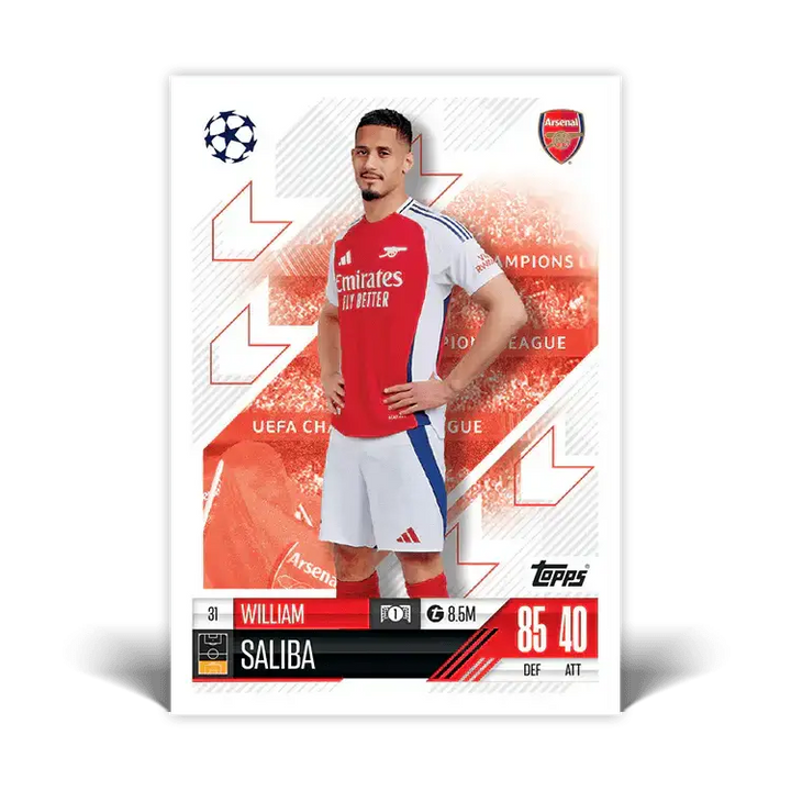 Match Attax card of William Saliba, Arsenal defender, featuring UEFA Champions League graphics and stats.